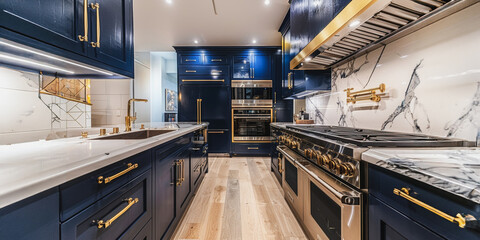 Modern kitchen design with navy blue cabinets and gold accents