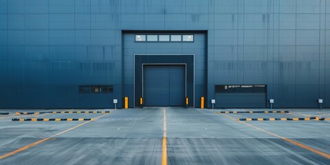 Industrial building exterior with blue facade and large door