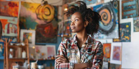 Smiling artist standing in her colorful art studio