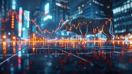 Fototapeta premium wall street, bull, usa flag, stocks price falling down, red stocks candles,generative ai