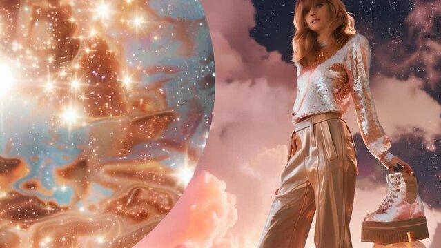A stylish woman in metallic pants and a chic top stands against a celestial background filled with stars and clouds. 