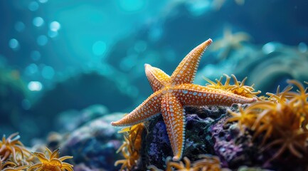 Underwater view of a colorful starfish with sunbeams filtering through water illustrating life, beauty, and tranquility of the ocean depths
