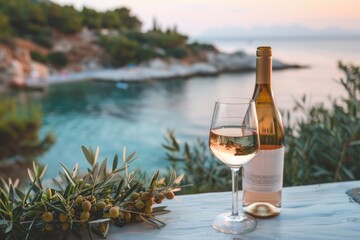 A serene scene with a glass of white wine on a table overlooking the Mediterranean Sea framed by an olive tree