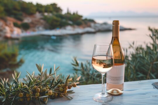 A serene scene with a glass of white wine on a table overlooking the Mediterranean Sea framed by an olive tree