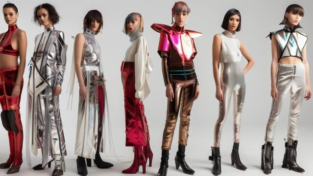 A group of models showcasing futuristic fashion ensembles featuring bold metallic and geometric designs. The diverse outfits include shiny fabrics, structured silhouettes, and innovative patterns. 