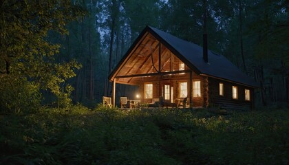 Modern cozy chalet in the woods at night Wooden chalet in the forest