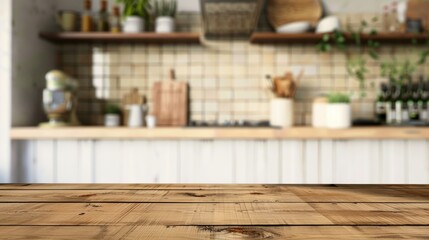 Fototapeta premium Wood table top on a blurred kitchen counter background, offering a harmonious blend of warmth and functionality. Ai Generated.