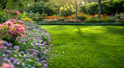 garden dreams - lawn framed from blooming flower beds 