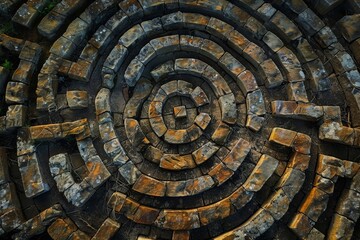 Fototapeta premium Aerial view of a circular stone labyrinth with geometric patterns, showcasing intricate design and ancient artistry. Perfect for backgrounds.