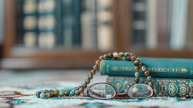 Surah yasin, yaseen - Quran, tasbih or Muslim rosary and eyeglasses on white background