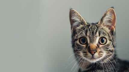 Portrait of cute confused or surprised tabby gray cat isolated on gray background with copy space for text