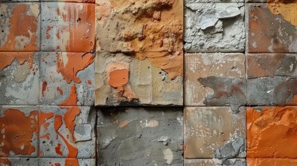 Close up of bricks and cement forming a wall with a mixture of hard and soft materials in hues of orange and gray