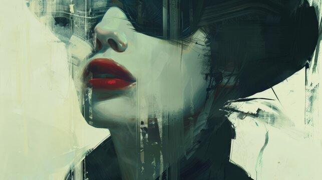 Artistic portrait of a mysterious woman with red lips and dark sunglasses, displaying an intriguing and enigmatic expression.