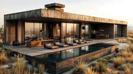 Obraz premium A modern home with large glass windows and a pool. The house has a contemporary design with a mix of concrete and wood materials.