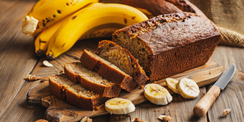 Freshly baked banana bread with sliced bananas on board
