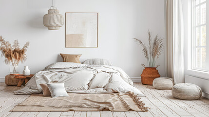 Minimalist bedroom in warm tone with minimal furniture, natural lighting and copy space. Interior design home composition.