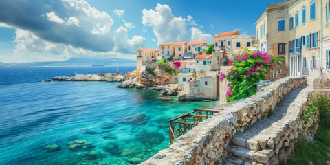 Beautiful coastal village with stone houses and boats