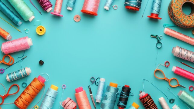 threads and sewing accessories on color background, flat lay