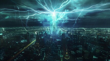 Lightning strikes the building in the city center.
