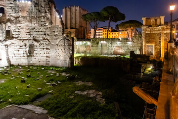 Rome, Italy - April 09, 2024: Night view of the ruins of the Roman Forum in Rome with tourists crowding its surroundings in Rome, Italy