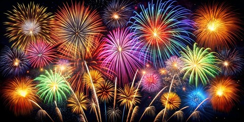 Fototapeta premium Vibrant Explosions: A Symphony of Fireworks. Suitable for: Independence Day celebrations, New Year's Eve events, festive party invitations, holiday-themed designs.