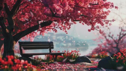 Cherry blossom tree in full bloom by a serene lake with mountains in the background
