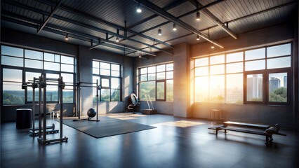 Empty gym and interior space or dark room with window and light flare for exercise training and fitness workout No people sports club and floor layout of exercising