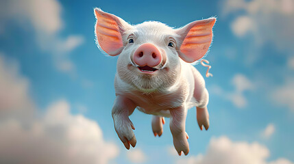 cute little piglet flying in the air against blue sky with clouds