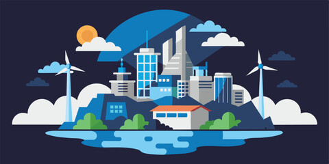 Naklejka premium House standing in front of a city dotted with wind turbines. Illustration of a city with wind turbines and a residential building.