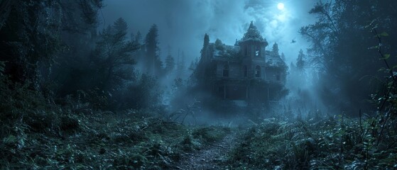 Sinister old house hidden in the forest, dark and overgrown with foliage, moonlight barely penetrating the thick canopy
