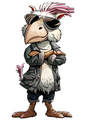 Fototapeta premium A cartoon character Greater Rhea stands upright, wearing clothes, with arms crossed and aviator sunglasses.