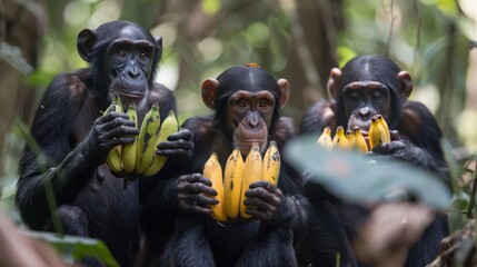 Three chimpanzee monkeys holding bananas, perfect for wildlife articles, educational materials, and childrens books on primates and their diet.