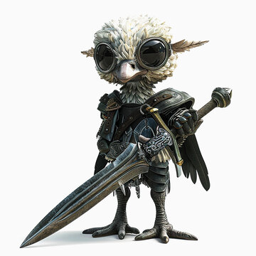 Realistic Ostric Warrior with weapon. 3D Ostric knight cartoon character