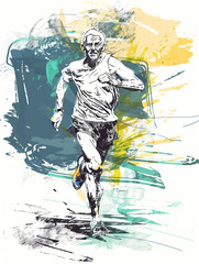 Old Marathon Runner Feeling Great in Sketch Style