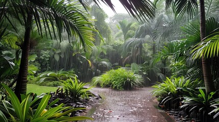 Naklejka premium Path through lush tropical garden with trees on raining day
