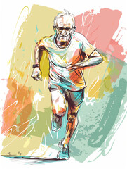 Old Marathon Runner Feeling Great in Sketch Style