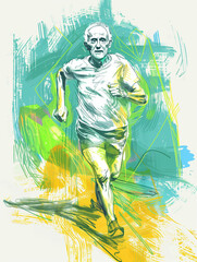 Old Marathon Runner Feeling Great in Sketch Style
