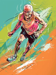 Old Marathon Runner Feeling Great in Sketch Style