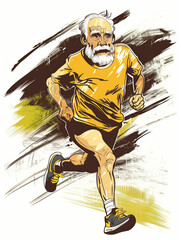 Old Marathon Runner Feeling Great in Sketch Style