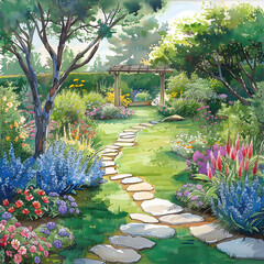 Obraz premium detailed drawing design of a of a colorful of a colorful garden with stone path