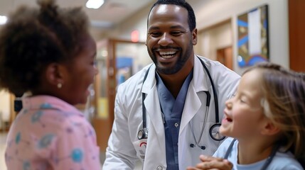 Fototapeta premium A kind African American pediatrician engages two happy young girls with a cheerful laugh in a.