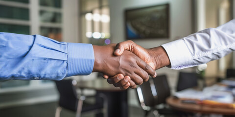 Business handshake in office setting