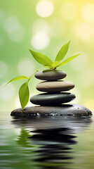 Obraz premium Zen background with stones and green leaves