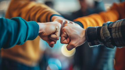 A group of people are fist bumping each other