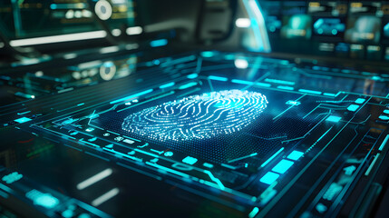 A digital image of a fingerprint is displayed on a computer screen. The image is in blue and green colors and he is a high-tech representation of a fingerprint. Scene is futuristic and technological