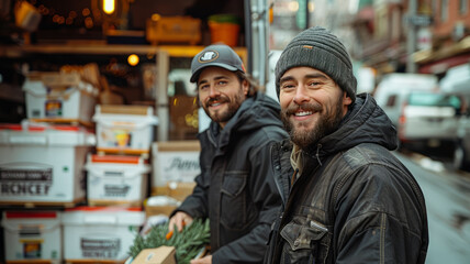 Obraz premium two happy movers loading a truck wearing working black clothes, generative ai