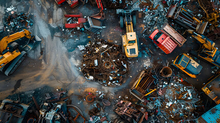 A pile of scrap metal and a few construction vehicles. Scene is one of chaos and destruction