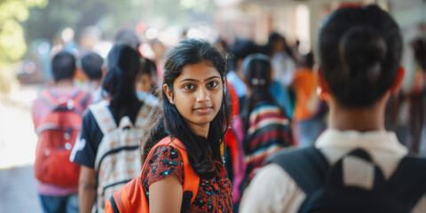 Young woman in colorful dress standing in busy street