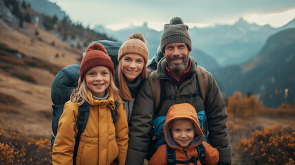 Fototapeta premium Family with small children hiking outdoors in summer nature.