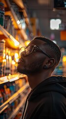 A man in glasses looking at products on a shelf in a store.